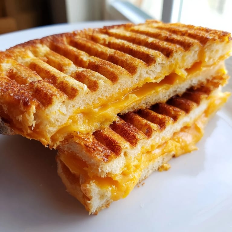 Crispy edges and warm cheese: a delicious Waffle Grilled Cheese, ready to be sliced and enjoyed.
