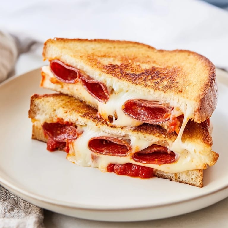 Dieser Pizza Grilled Cheese zeigt warme, geschmolzene Mozzarella, die üppig mit Peperoni beladen ist.