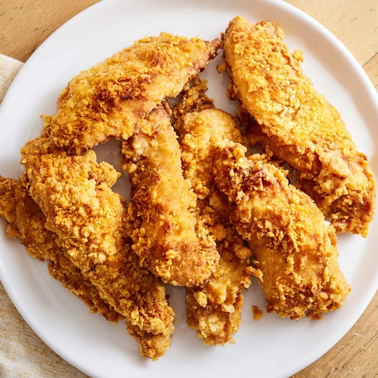 Close-up of freshly fried buttermilk chicken tenders, a classic American comfort food meal.