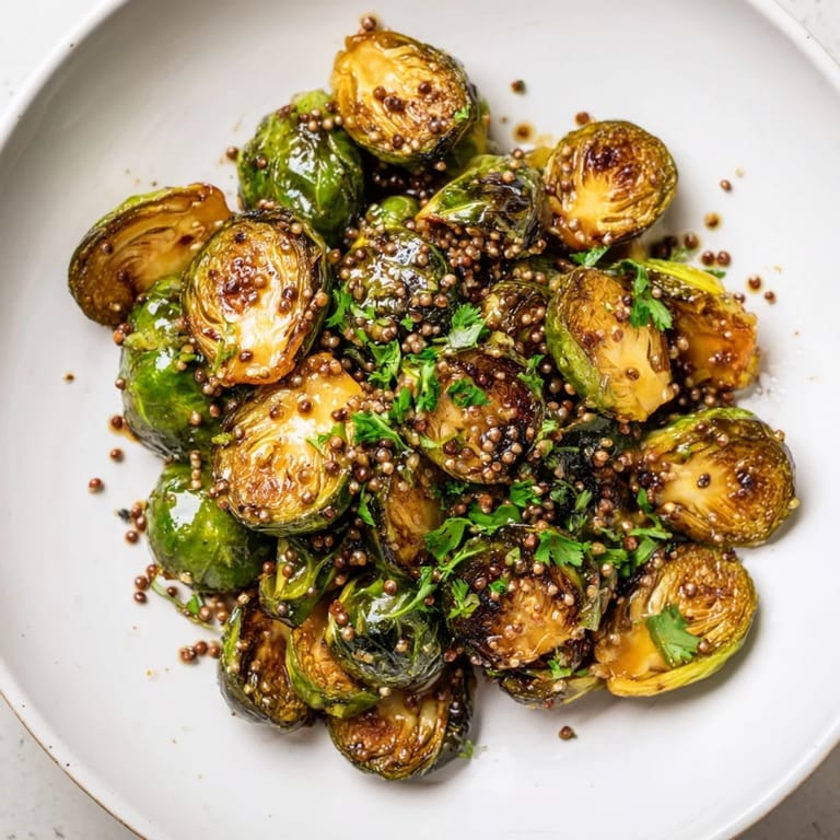 Roasted honey mustard glazed Brussels sprouts, presented with fresh parsley, a visually appealing vegetarian option.
