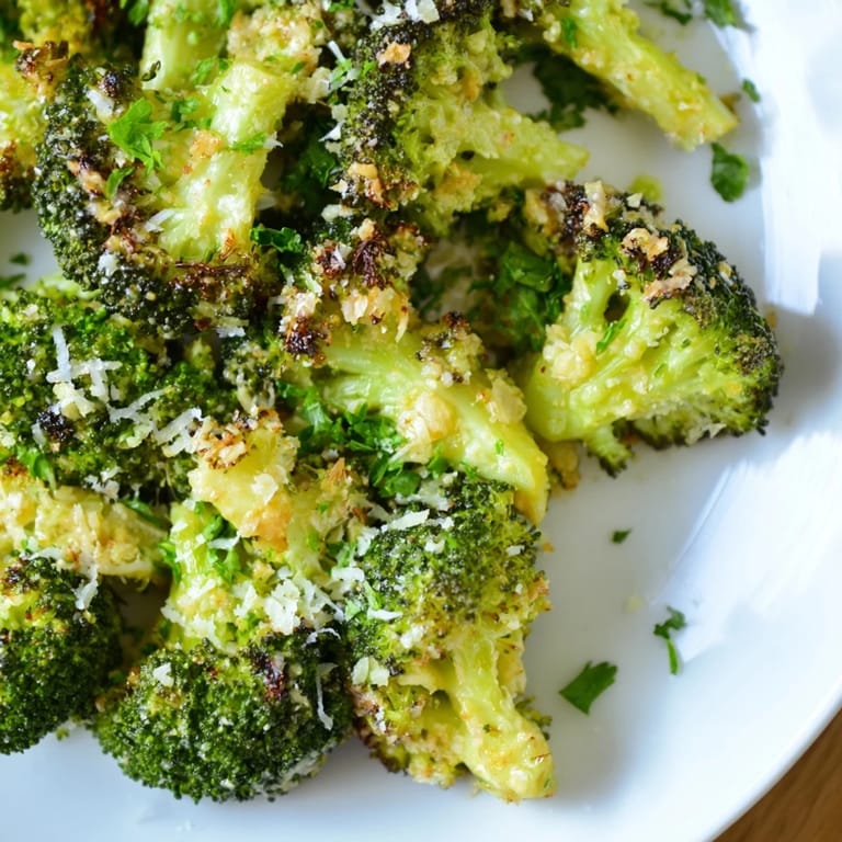 A close-up of Garlic Parmesan Roasted Broccoli, perfectly roasted with crunchy edges, a delicious side.
