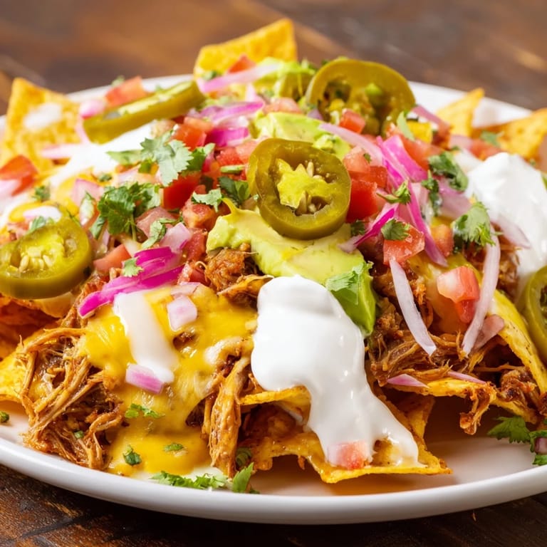Tex-Mex favorite: Loaded nachos with pulled pork, a shareable appetizer for parties.