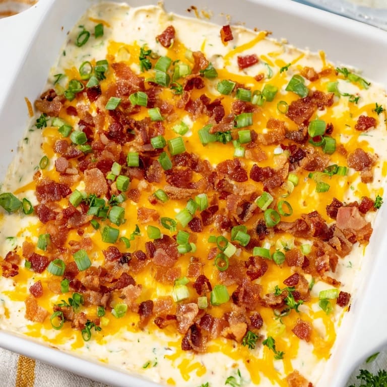 A close-up shot of a creamy, melted Cheesy Bacon Ranch Dip, delicious with crispy bacon pieces.