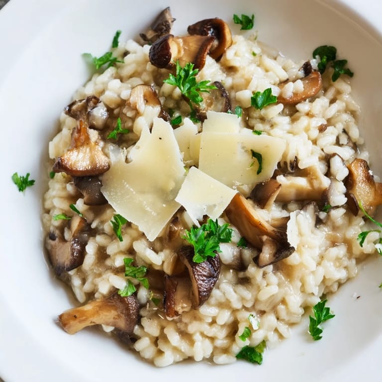 Nahaufnahme von perfektem italienischem Mushroom Risotto; ein luxuriöses, cremiges Gericht für einen besonderen Anlass.