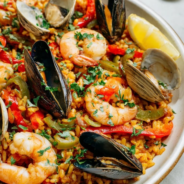 Golden-yellow rice with shellfish in this delicious Spanish seafood paella dish.