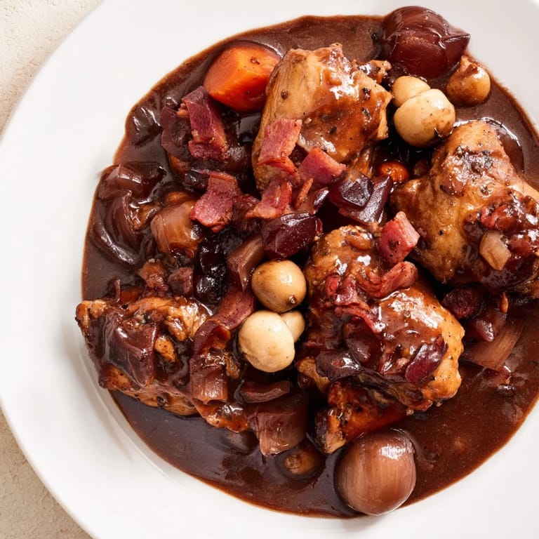 Close-up of Coq au Vin, showing braised chicken, mushrooms, and pearl onions in a flavorful sauce.