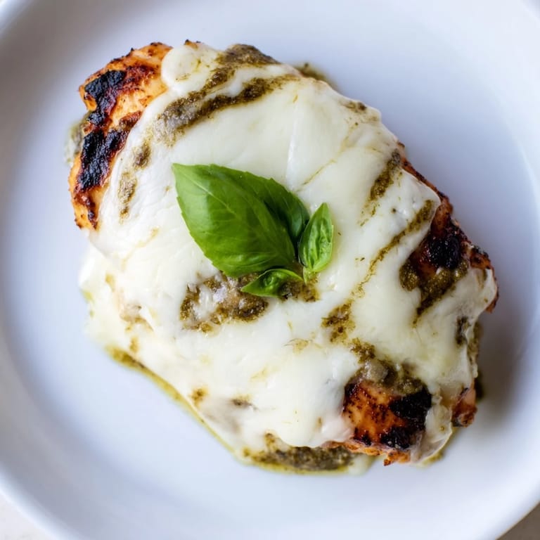 Toasted ciabatta holding grilled chicken and pesto in this appetizing Pesto Chicken Melt ready to serve.