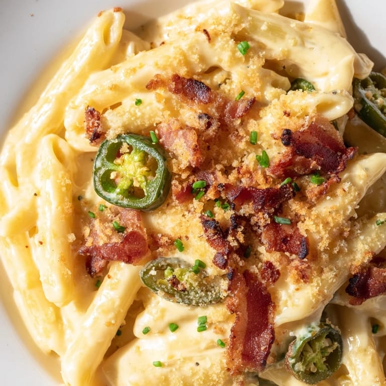 Steaming bowl of creamy jalapeño popper pasta, topped with crispy bacon, roasted jalapeños, and melted cheddar cheese.  