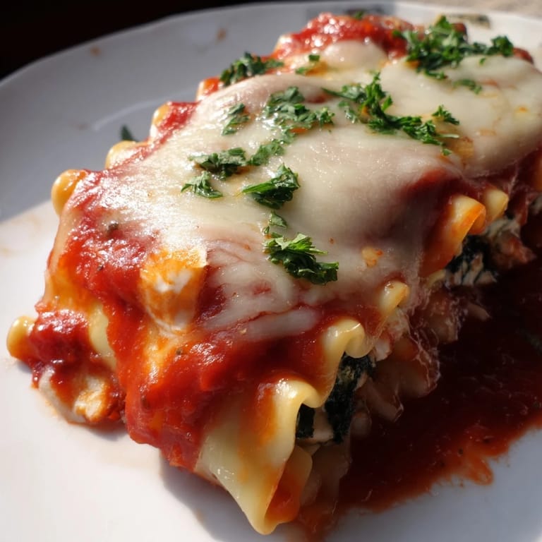 Ofenfrische Chicken and Spinach Lasagna Rolls auf Servierplatten mit Petersilie