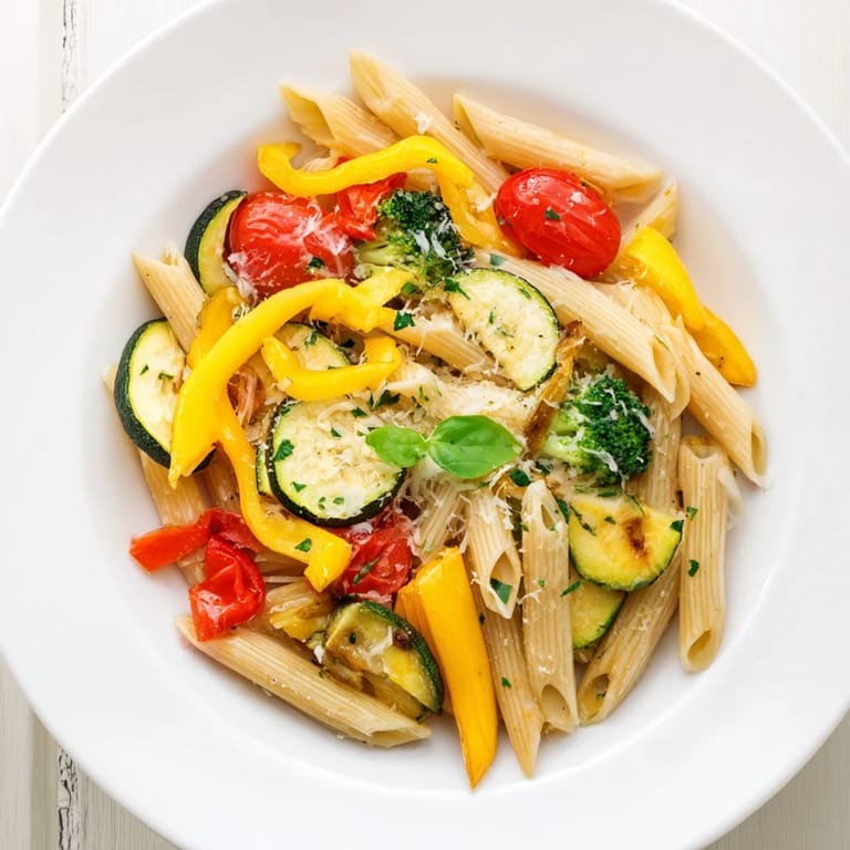 Hier kommt das duftende Pasta Primavera auf dem Teller mit gerösteten Zucchini, roten Paprikaschoten und Parmesan garniert.