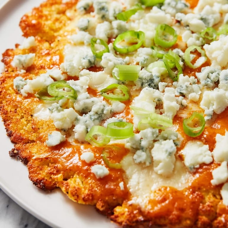 Die vegetarische Buffalo Cauliflower Pizza zeigt eine goldene Kruste mit würziger Buffalo-Soße und Blauschimmelkäse.