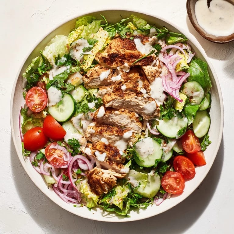 Genieße diesen frischen Chicken Shawarma Salad Bowl mit saftigem Hühnchen, knackigen Gurken, Tomaten und zitroniger Joghurt-Soße.