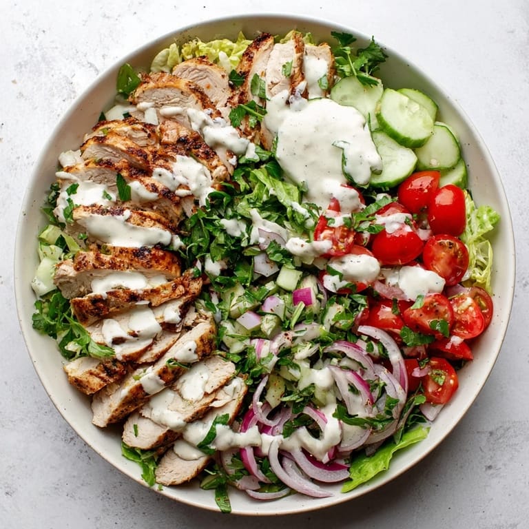 Gesättigter Chicken Shawarma Salad Bowl auf buntem Salatmischung, mit roten Zwiebeln, Petersilie und goldenen Hühnchenstreifen.