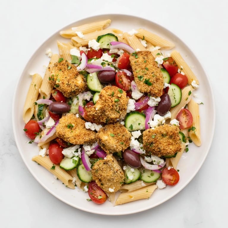 Crispy Chicken Greek Pasta auf rustikalem Holztisch garniert mit Kräutern, Feta und knackigen Oliven im Mittelmeerlicht.