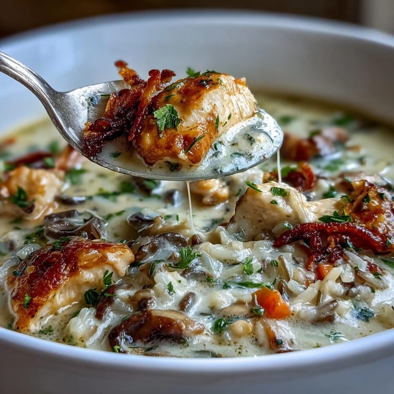 Reichhaltige Hühner- und Pilz-Wildreis-Suppe, dampfend heiß serviert mit frisch geriebenem Parmesan darüber.