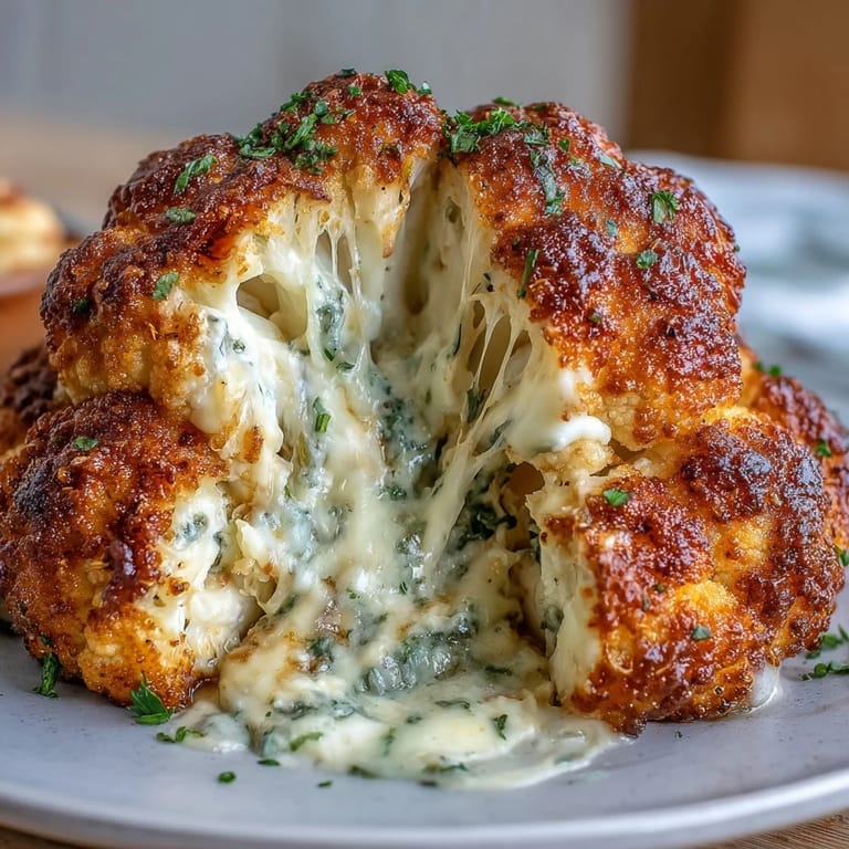 Ungewürfelte Käsestücken im Inneren dieses ganzen, gebackenen Kohlkopfs schmelzen cremig, während die Oberfläche knusprig wird.