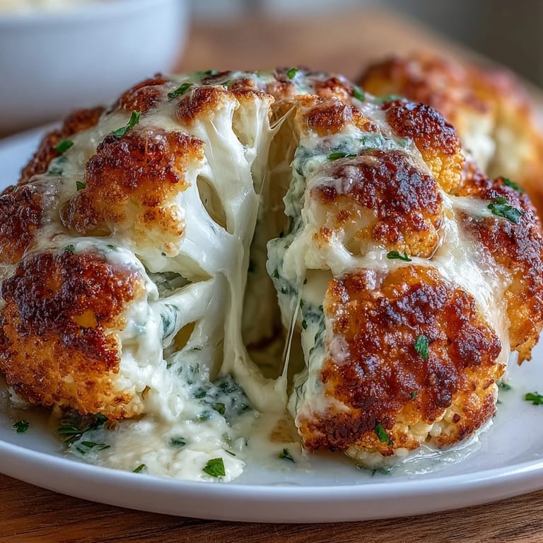 Goldbrauner, überbackener Kohlkopf mit Käsehöhlung, auf einem rustikalen Holztisch für eine vegetarische Hauptmahlzeit präsentiert.