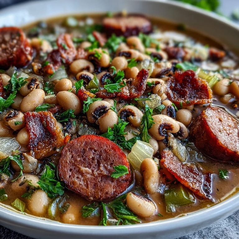 A rustic skillet of Southern-Style Black-Eyed Peas with bacon, andouille, and celery leaves on a wooden table.