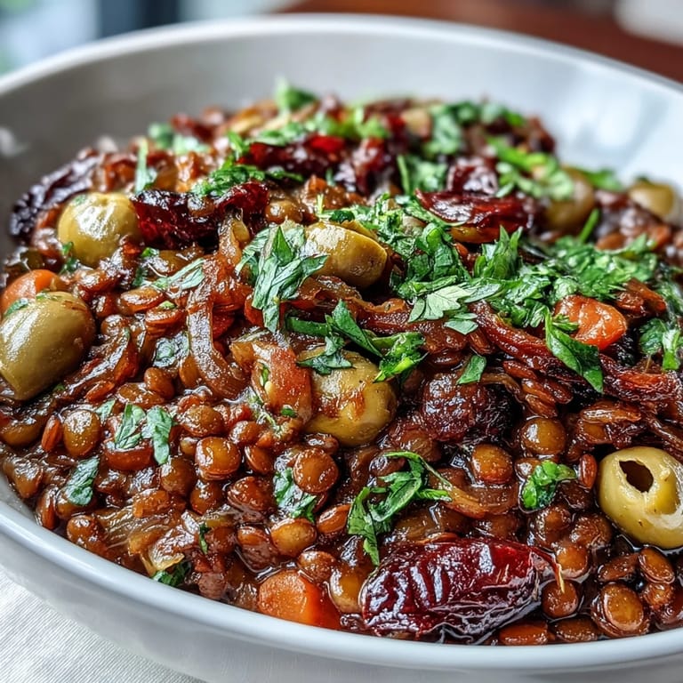 Herzhafte Schüssel mit Cuban-Inspired Lentil Picadillo und knusprigen Pflanzenainseln, bereit für den Abendtisch.