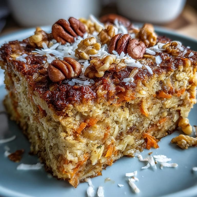 Herzhaftes, nussiges Karottenkuchen-Haferflocken-Brot, serviert warm mit einem Klecks griechischem Joghurt und getrockneten Rosinen.