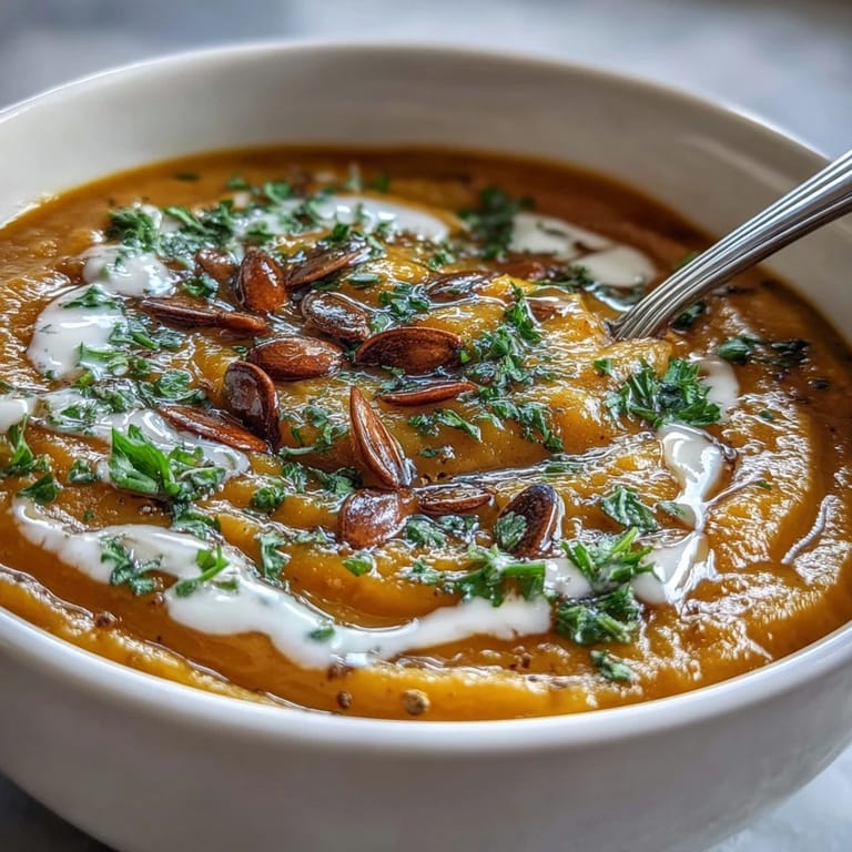 Butternut-Kürbis-Suppe mit geröstetem Brokkoli, serviert warm mit einem Hauch Kokosmilch und frischer Petersilie.