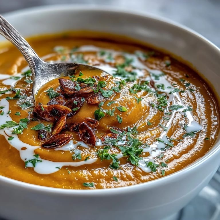 Cremige Geröstete Brokkoli- und Butternut-Kürbis-Suppe, garniert mit Kürbiskernen auf rustikaler Holzunterlage.