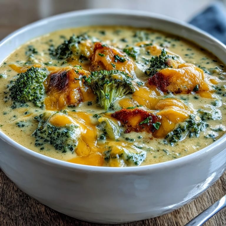 Heiße Butternut Squash Broccoli Cheddar Soup in rustikaler Terrine, garniert mit Käsekrümeln und einem Spritzer Zitronenschale