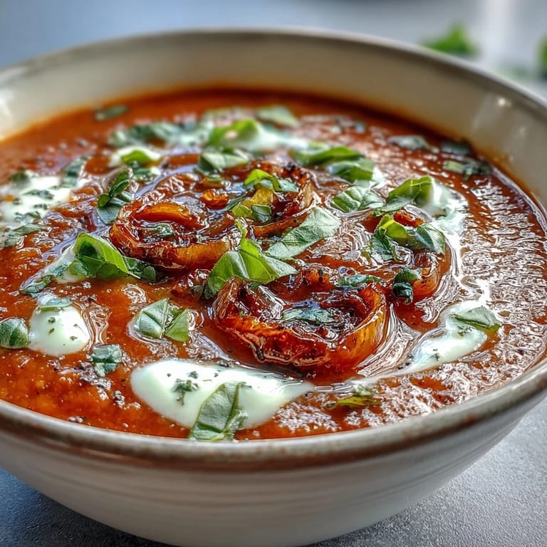 Cremige Tomaten Basilikum Suppe garniert mit Crème fraîche und Basilikumblättern für US-Food-Blogs.
