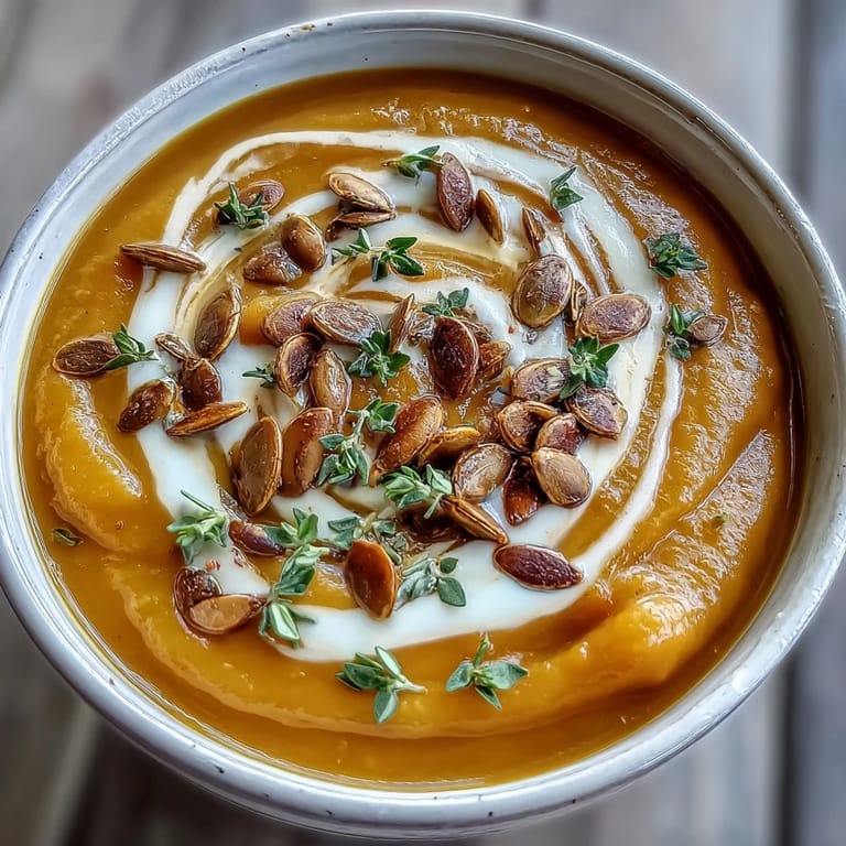 Smooth Butternut Squash and Apple Soup in a white bowl, garnished with thyme, ready to serve.