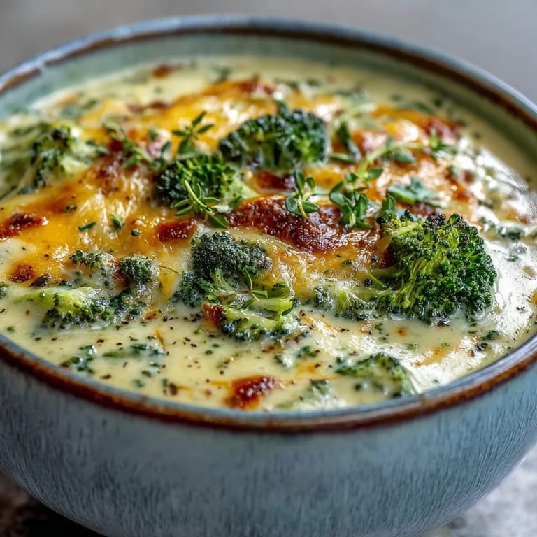 Rich roasted broccoli cheddar soup in a rustic mug, melted cheddar meltingly stringy.