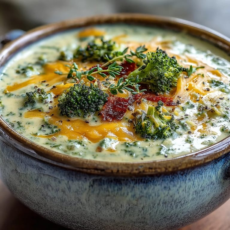 Homemade roasted broccoli cheddar soup, garnished with herbs, steaming beside crusty bread.