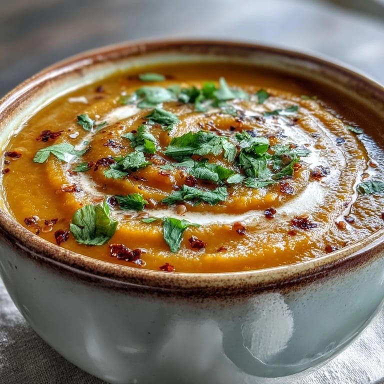 Golden roasted Butternut Squash and Lentil Soup served in a cozy pot, surrounded by fresh spices.
