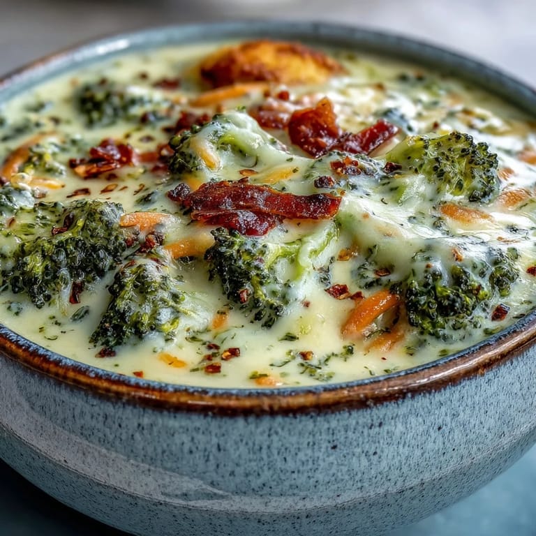 Gemüsige Brokkoli Cheddar Suppe serviert in Keramikschüssel, garniert mit frischem Käse und Krümeln.