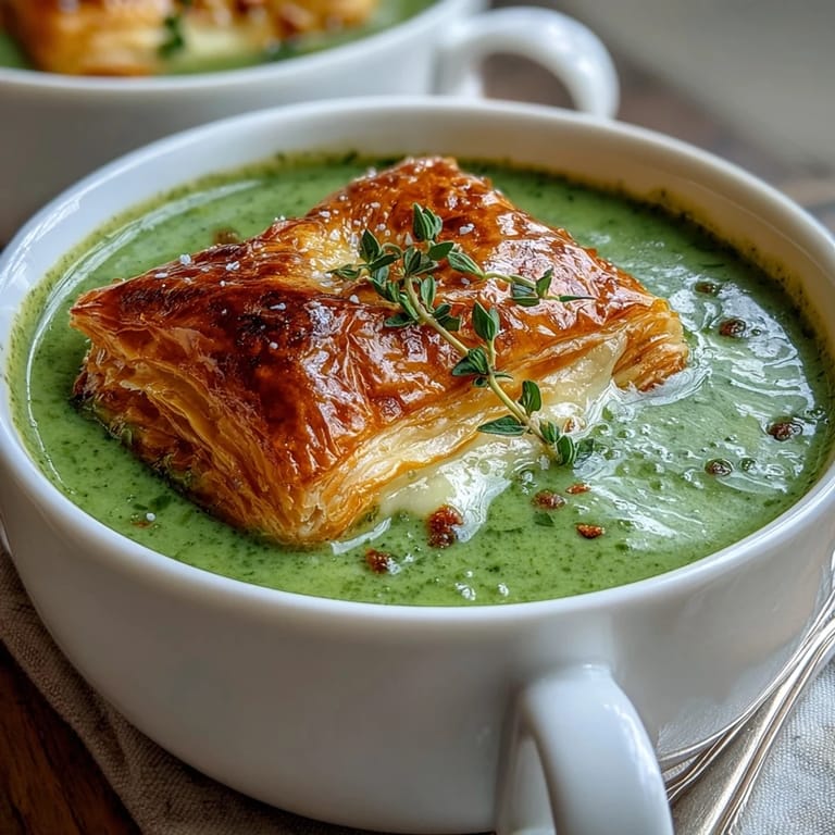 Frisch gebackene Teigtaschen aus Blätterteig mit geschmolzenem Brie und Cheddar, serviert warm zur deftigen Suppe aus Kürbis und Brokkoli.