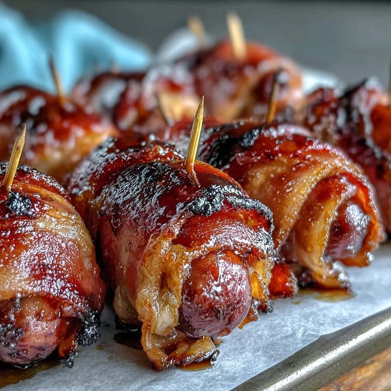 Gebaekte Bacon-Wrapped Smokies glänzen mit braunem Zucker und cayennepfeffer, ideal als herzhafte Party-Party-Appetizer.