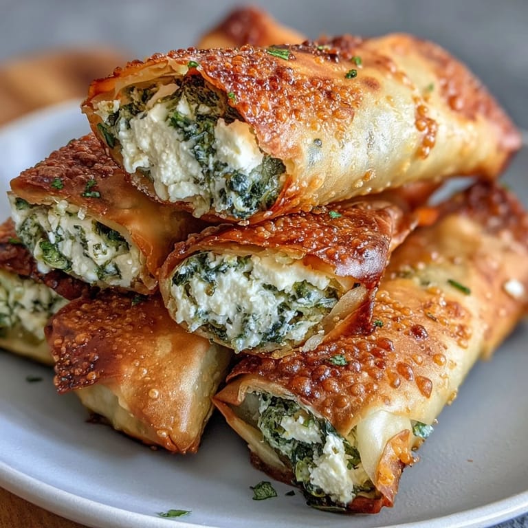 Frisch aus der Pfanne: Gebratene Spanakopita Spring Rolls mit knuspriger Hülle und grüner Füllung.
