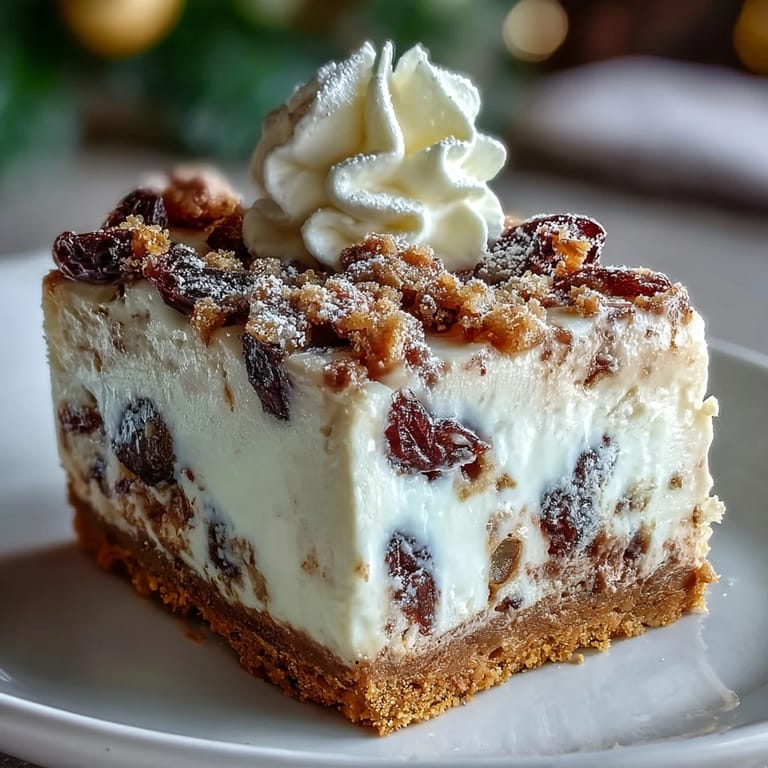 A close-up of Christmas Cheesecake Slab reveals creamy filling with dried fruit and a crunchy digestive biscuit base in a rectangular pan.