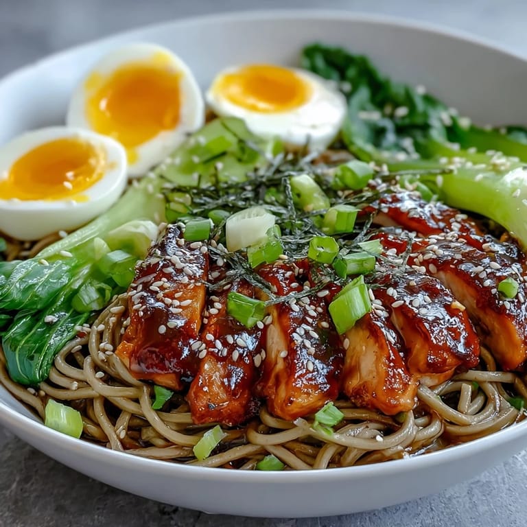 Scharfe Healthy Miso Chicken Noodle Bowls auf Teller, frische Kräuter, Chili-Öl, asiatische Street‑Food‑Stimmung.