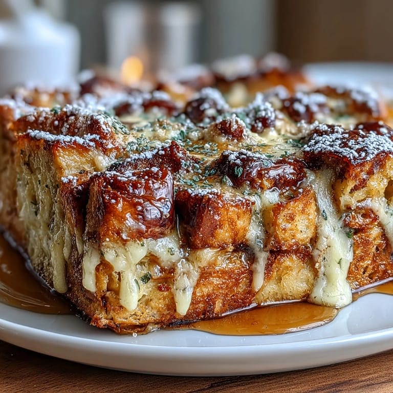 A ready-to-serve slice of Monte Cristo Breakfast Casserole with maple syrup drizzle.