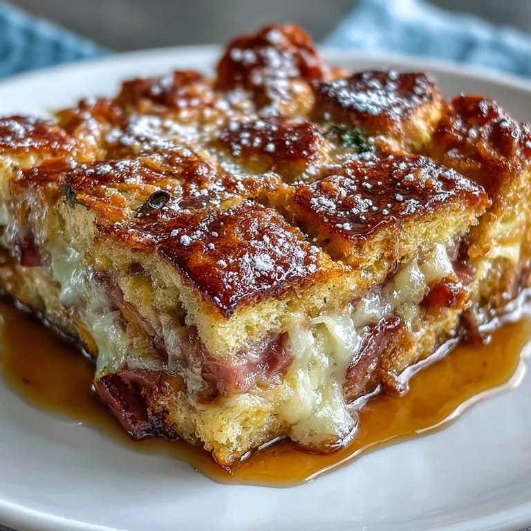 Layers of ham and turkey in Monte Cristo Breakfast Casserole, topped with Swiss cheese.