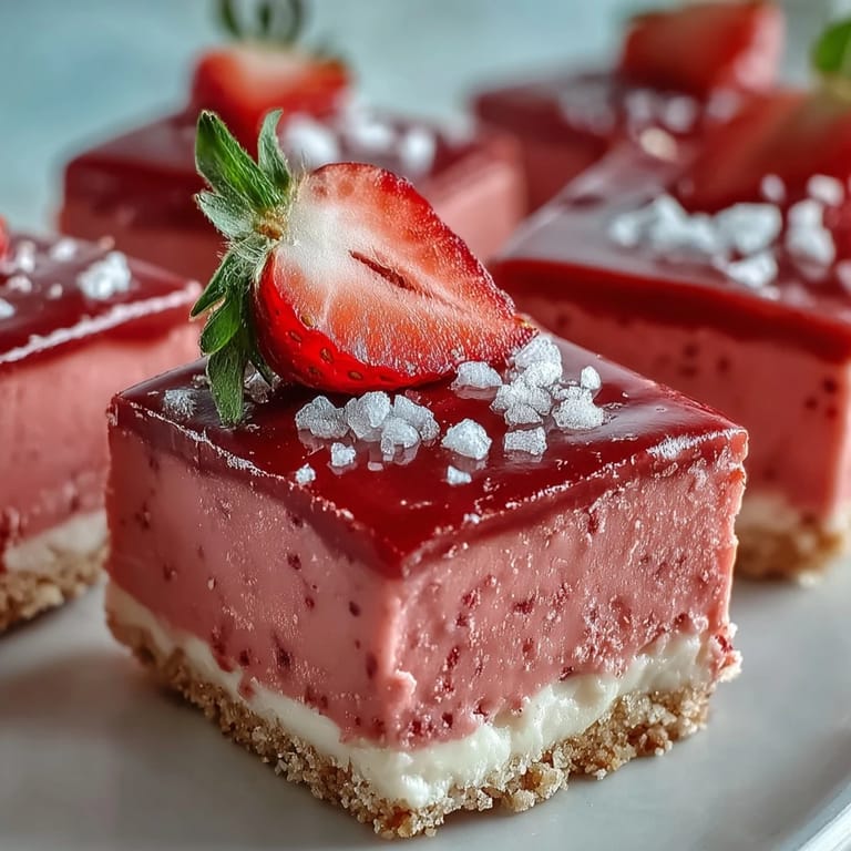 Kremige No-Bake Strawberry Fudge Squares mit zarter graham cracker Kruste und rosafarbenem Fudge