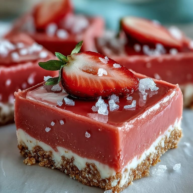 Gekühlte No-Bake Strawberry Fudge Squares bestreut mit getrockneten Erdbeeren und Zucker, perfekt für Dessert