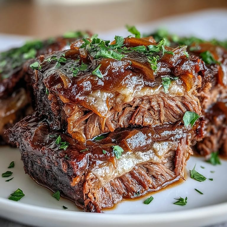 Savory Crock Pot French Onion Pot Roast in einem Slow Cooker, Zarte Rinderstücke in reichhaltigem Sud, Rosmarin und Thymian, Perfekt für ein gemütliches Dinner