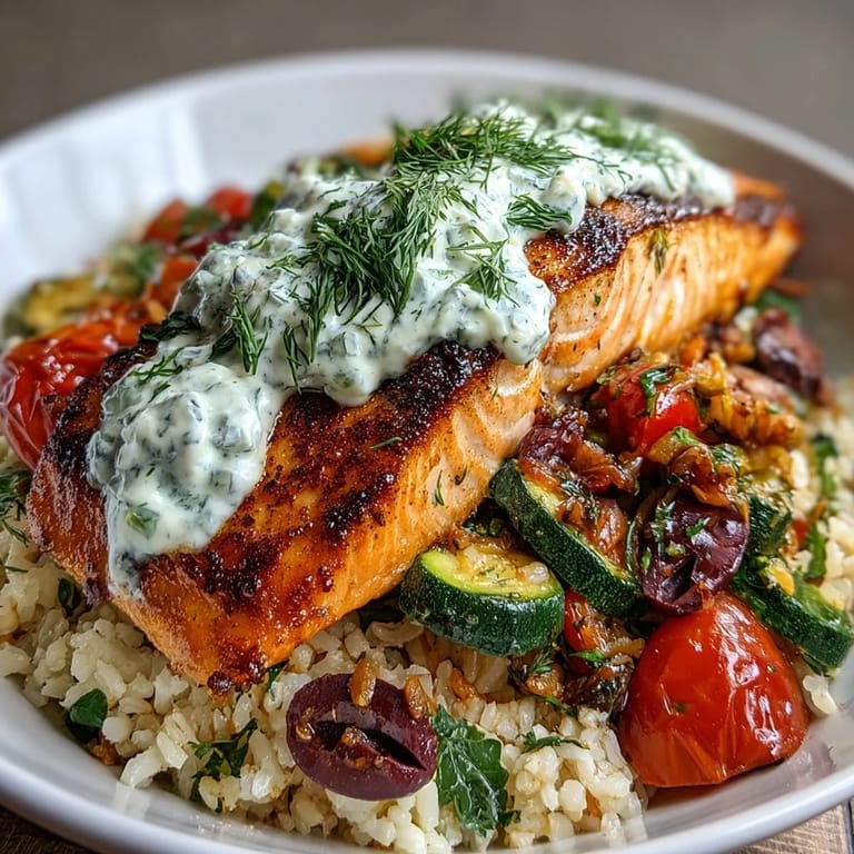 Fresh dill garnishes the Crispy Rice Salmon Bowl, featuring flaky salmon, roasted bell peppers, zucchini, and olives on crunchy rice for a gluten-free meal.