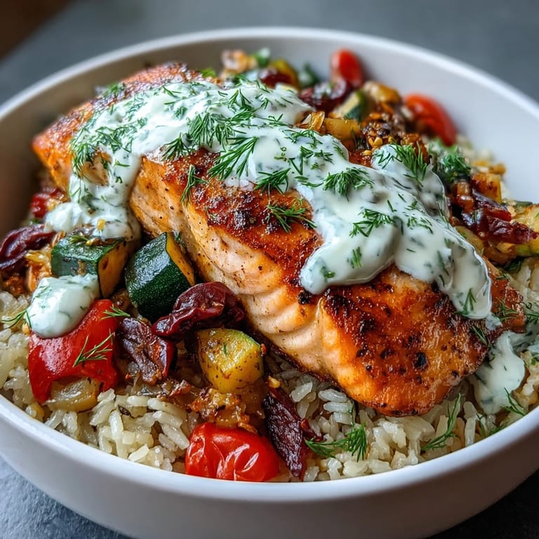 Close-up of the Crispy Rice Salmon Bowl showing golden-brown salmon, juicy cherry tomatoes, and creamy lemon-yogurt drizzle, ready to enjoy for dinner.