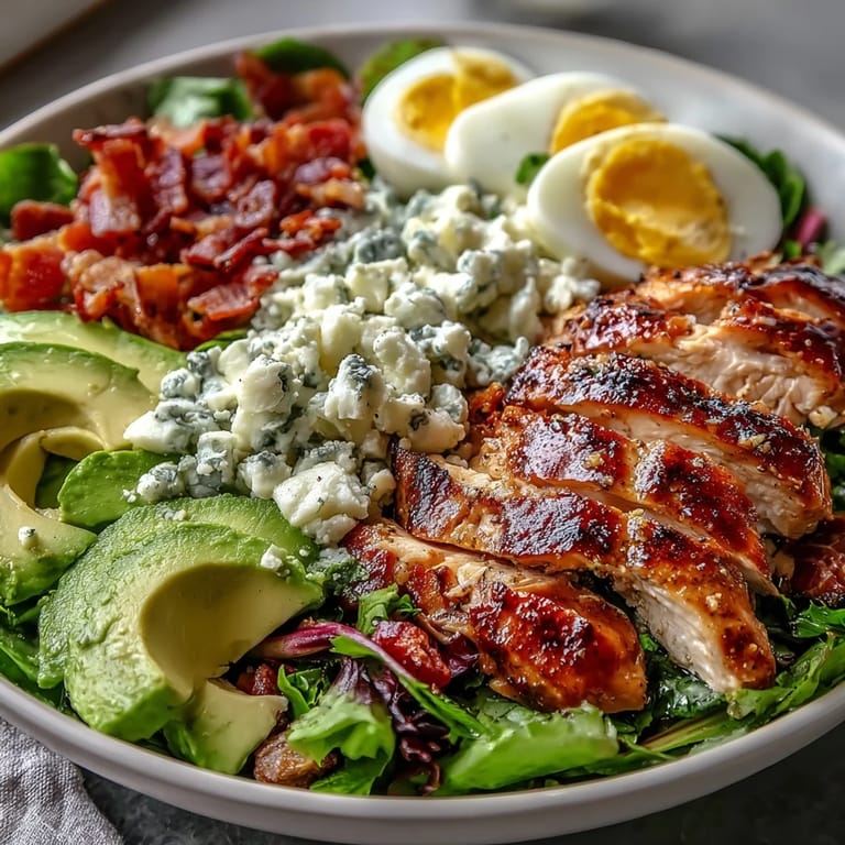 A hearty Cobb Salad Bowl featuring sliced grilled chicken, crisp bacon chunks, creamy avocado slices, diced tomatoes, and crumbled blue cheese on fresh lettuce.