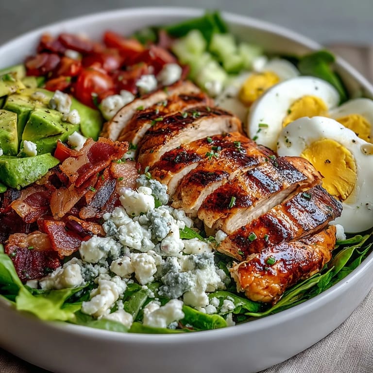 A classic American Cobb Salad Bowl with rows of grilled chicken, crispy bacon, hard-boiled eggs, creamy avocado, and blue cheese, drizzled with creamy ranch dressing.