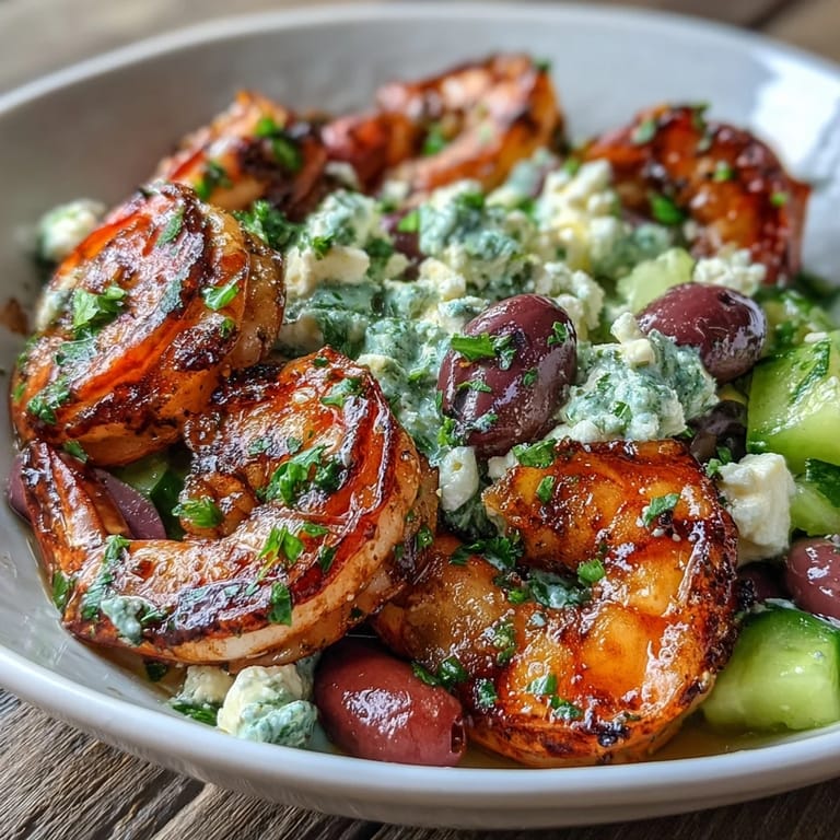 Vibrant Mediterranean shrimp bowl with crisp cucumber and zesty lemon dressing.  