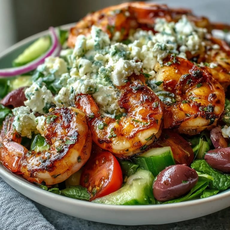 Fresh Greek Shrimp Bowl featuring juicy grilled shrimp and briny Kalamata olives.