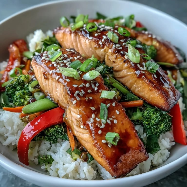 Ein leckerer Teriyaki Salmon Bowl mit saftigem Lachs, knackigem Brokkoli und glasigem Teriyaki-Sauce über Reis.